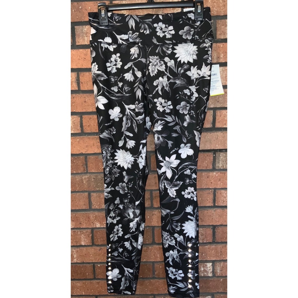 Old Navy Active Go-Dry Floral Leggings Black White Mesh Reflective Womens Medium
